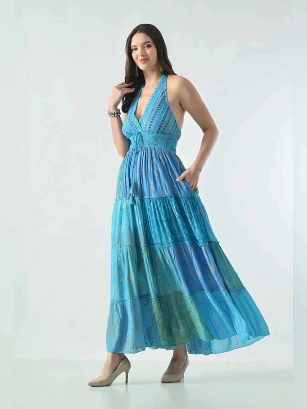 Turquoise Blu Boho Patchwork Halter Tiered Maxi D… - image 4